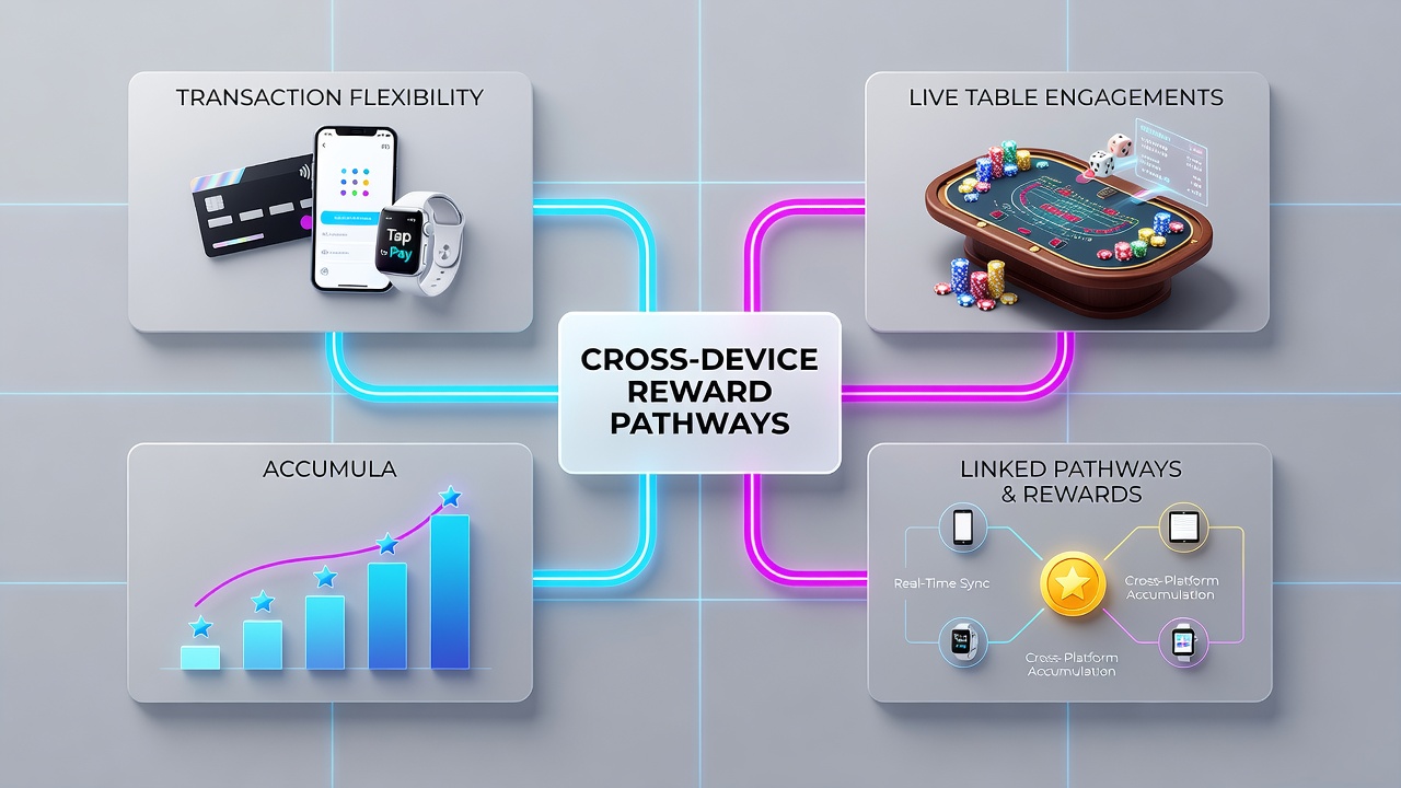 Diagram showing transaction flexibility linking mobile devices to live dealer tables and accumulating reel prizes