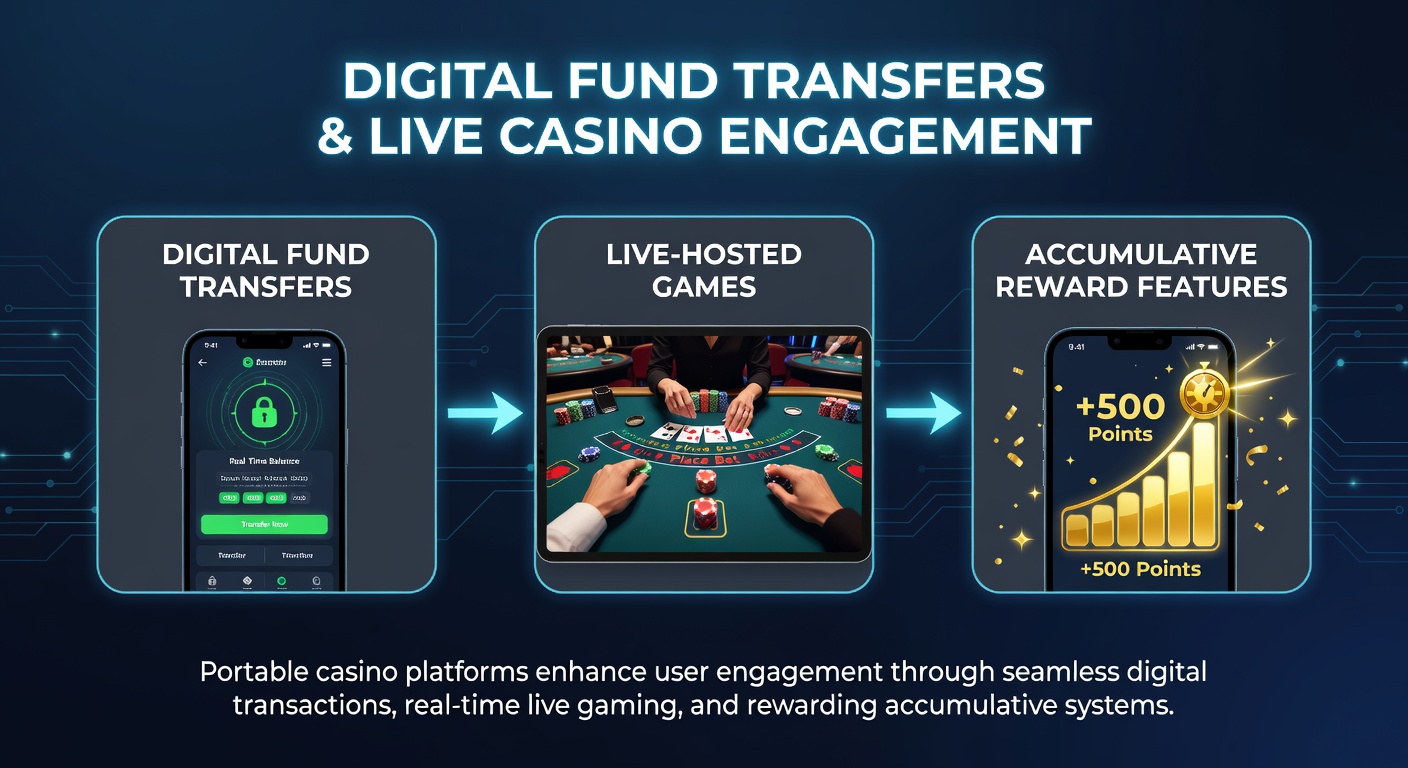 Mobile casino interface showing seamless digital fund transfers into live dealer games and progressive reward meters