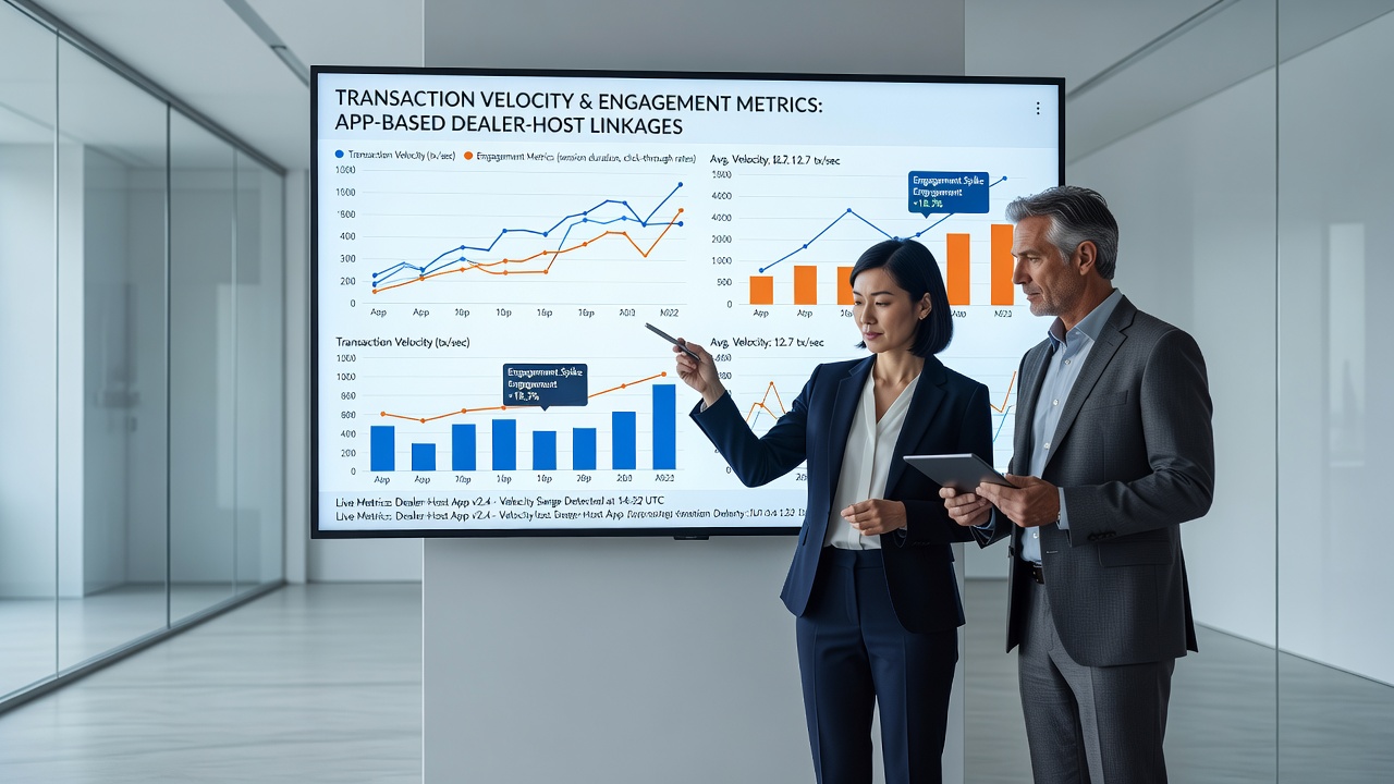 Analytics dashboard displaying transaction velocity charts alongside engagement metrics for live dealer and prize pool features