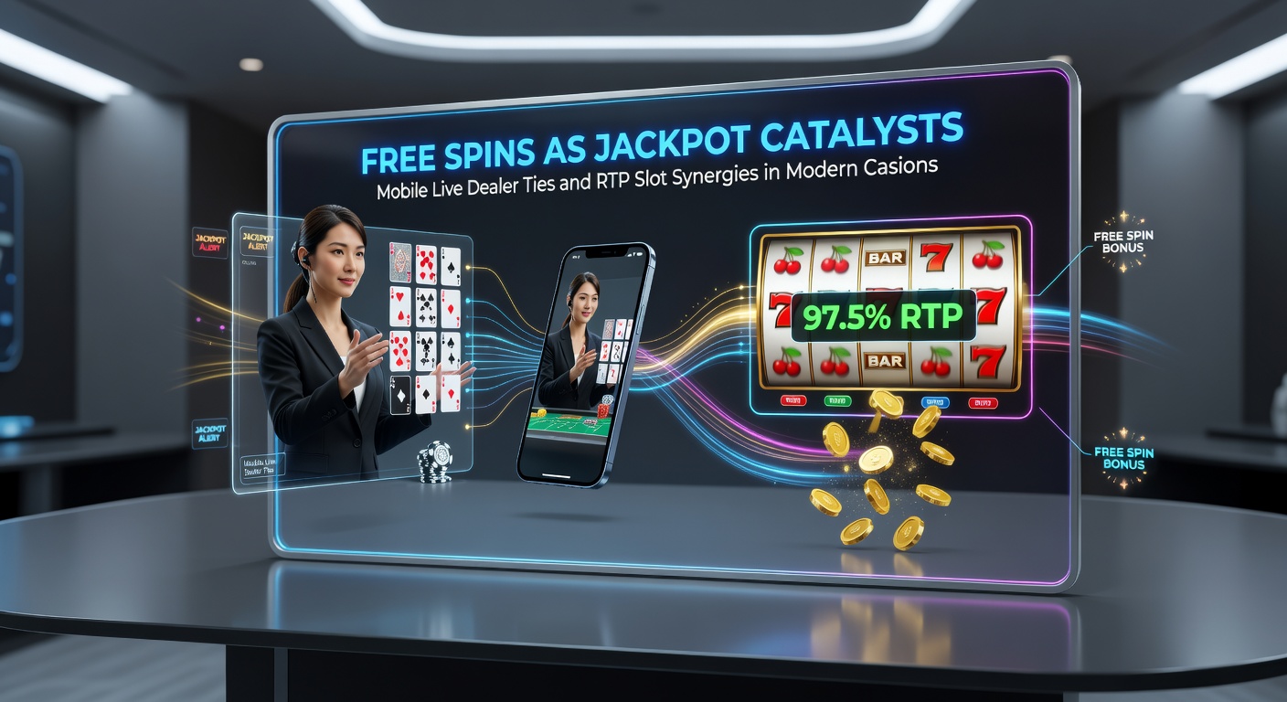 Vibrant slot machine display showing free spins activation leading to a jackpot win, with mobile device and live dealer elements in the background