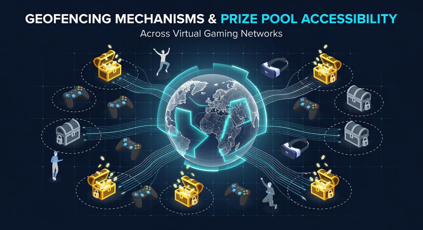 Geofencing visualization showing virtual boundaries around gaming servers and prize distribution zones