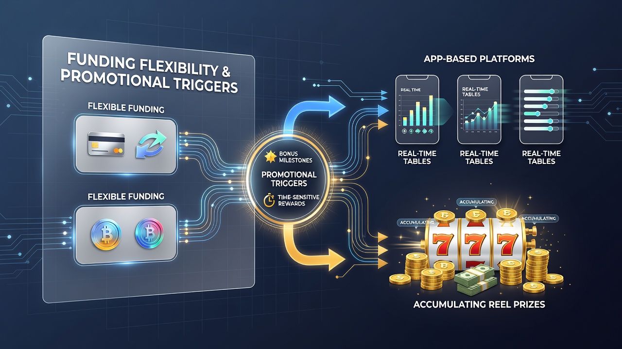 Diagram showing payment options flowing into bonus triggers on app platforms with live tables and reel prizes